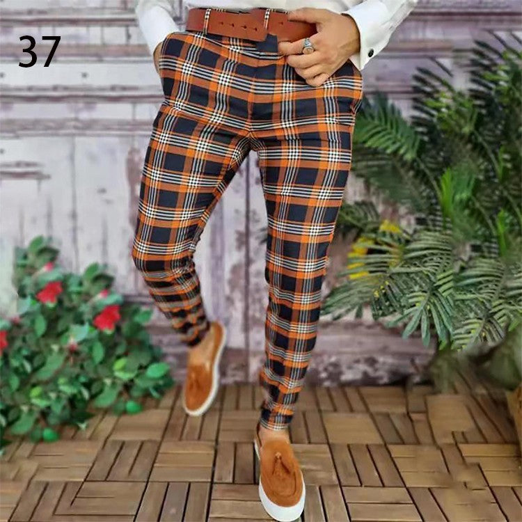 Men's Plaid Checker/Baroque Print Skinny Dress Pants