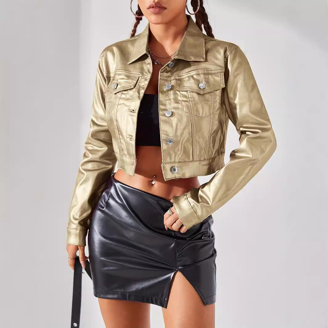 Metallic Colored Women's Streetwear Coated Jean Jacket