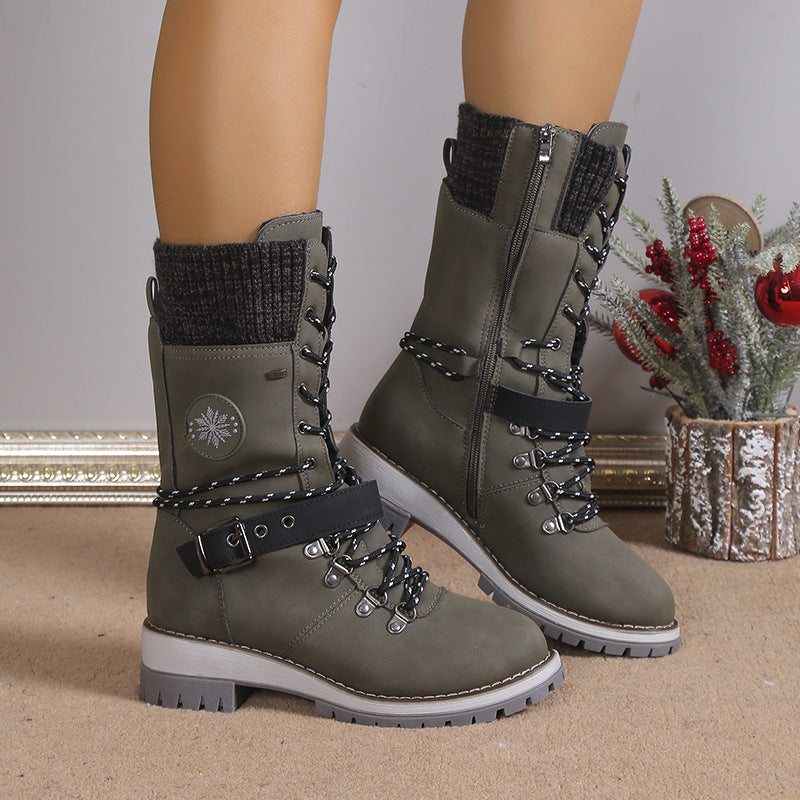 Women's Belt Strap Design Lace Up  Snowboots