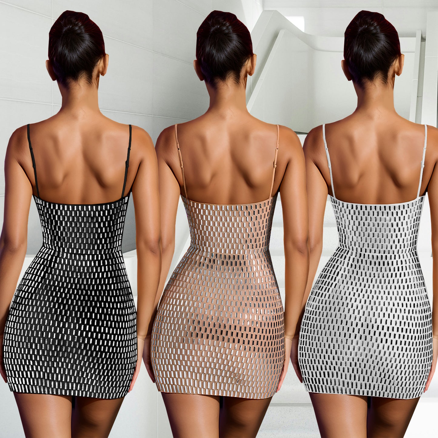 Shiny Geometric Rhinestone Hollow-Out Spaghetti Strap Formal Mini Dress