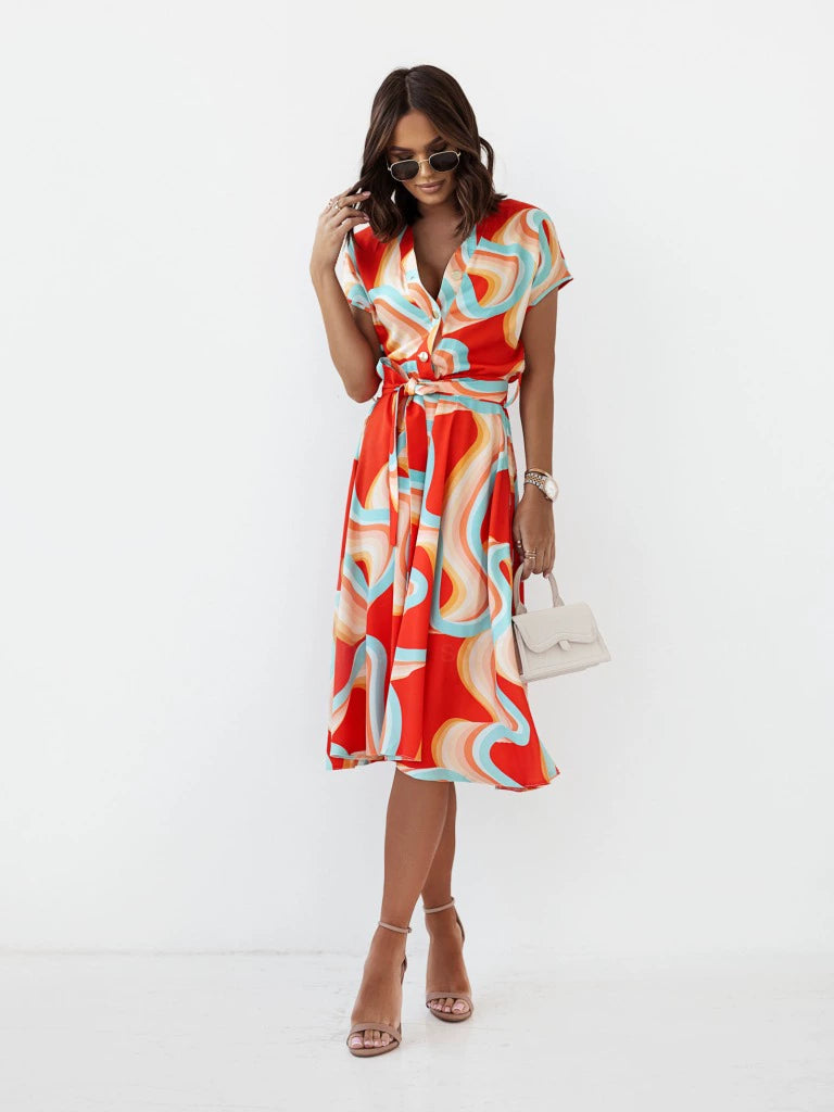 Swirl Design V-Neck Short Sleeve Temperament Midi Dress