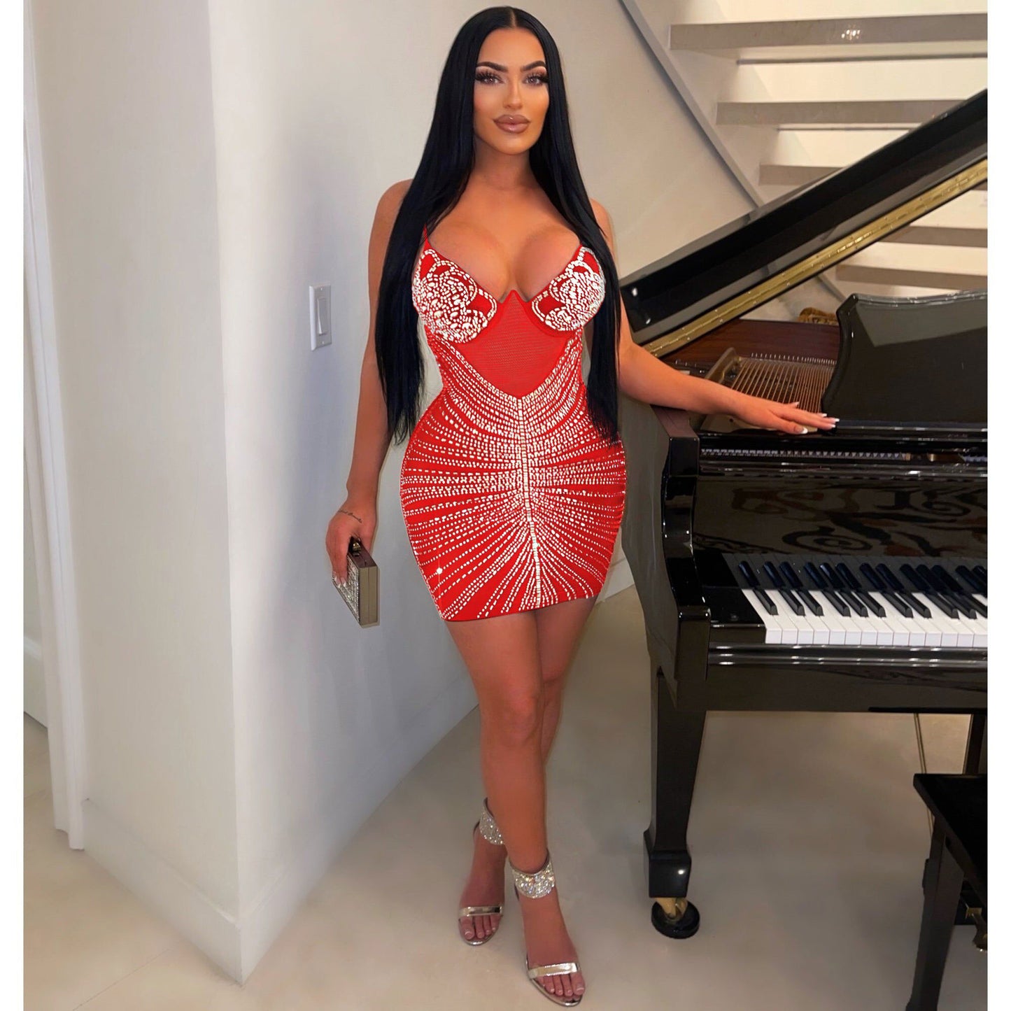 Sparkling Metallic Rhinestone Decor Sleeveless Hot Drill Mini Sling Formal Dress to 3X Plus Size