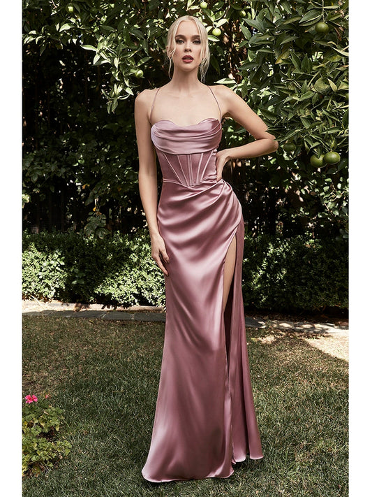 Satin Solid Camisole Spaghetti Strap Sling Slit Formal Party Prom Maxi Dress