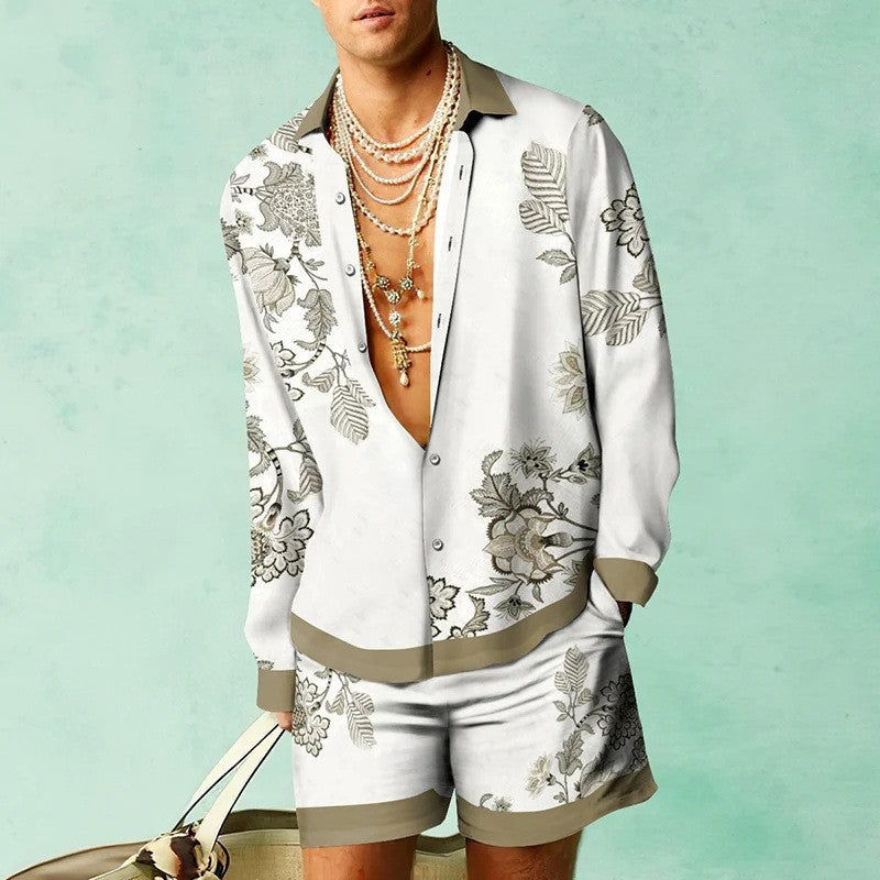 Men's Open V-Neck Floral/Baroque/African/Music Note 3D Printed Long Sleeve Shirt + Shorts 2-Piece Summer Set