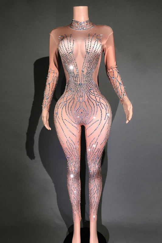Silver Metallic Sparkling Rhinestone Transparent Skin Color Striped Long Sleeve Women's Skin Tight Formal Stage Performance Jumpsuit