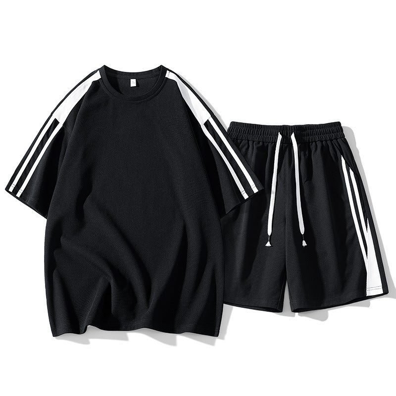 Men's Side Striped Loose Round Neck Short Sleeve T-Shirt + Matching Shorts 2-Piece Fitness Workout Set