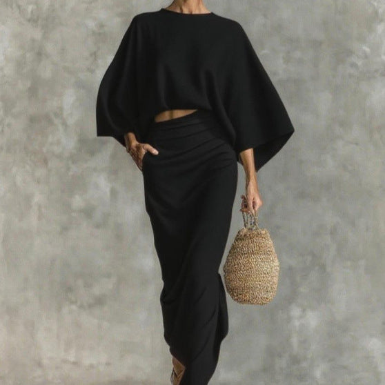 Wide Sleeve Solid Color Loose Women's Top + Ruched Maxi Skirt 2-Piece Set to 3X Plus Size