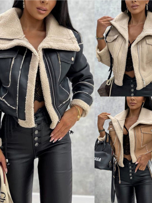 Patchwork Faux Fur PU Leather Lined Women's Short Zipper Drawstring Jacket