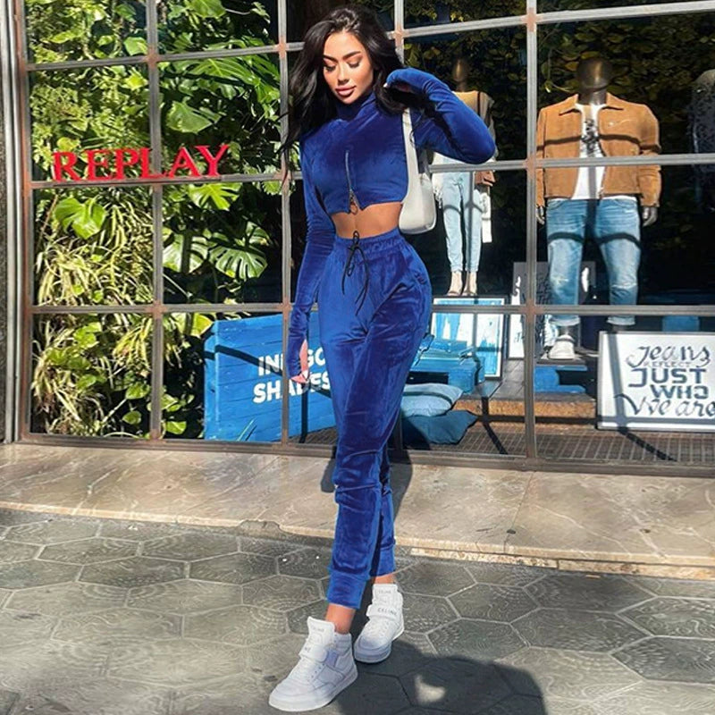 Reverse Zipper Women's Long Sleeve Crop Pullover Jacket + Drawstring Sweatpants Tracksuit