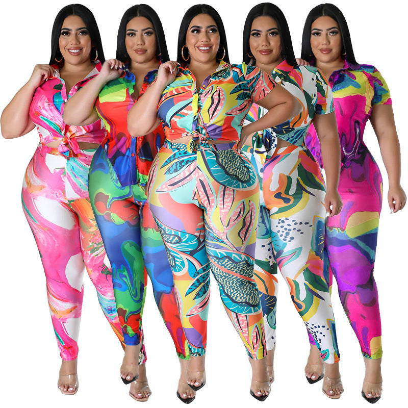 Tropical Tie-Dye Geometric Print Turn-Down Collar Short Sleeve Top + Skin Tight Leggings 2-Piece Set to 4X Plus Size