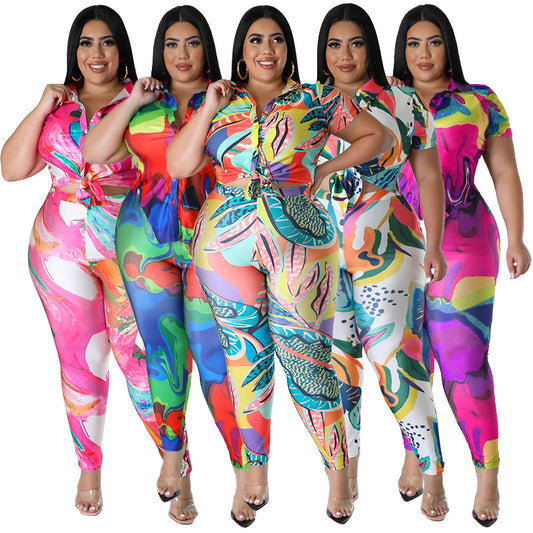 Tropical Tie-Dye Geometric Print Turn-Down Collar Short Sleeve Top + Skin Tight Leggings 2-Piece Set to 4X Plus Size