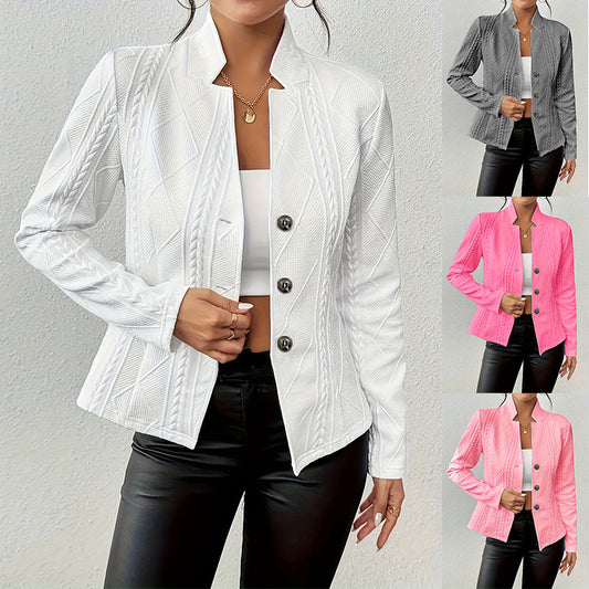 Jacquard Single Breasted Stand Collar Women's Solid Color Blazer Jacket to 5X Plus Size
