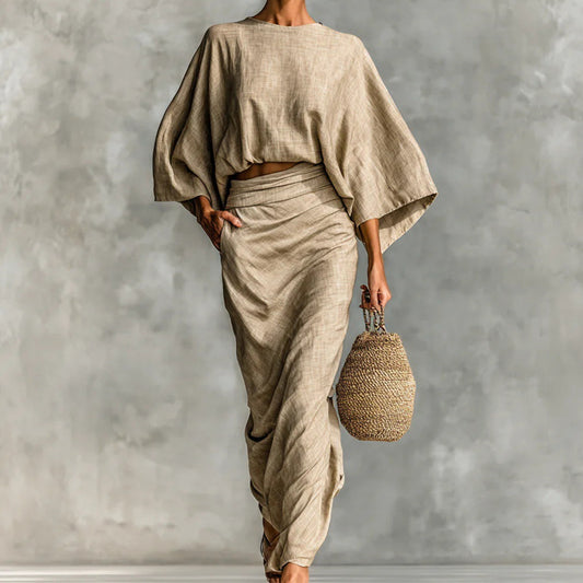 Wide Sleeve Solid Color Loose Women's Top + Ruched Maxi Skirt 2-Piece Set to 3X Plus Size