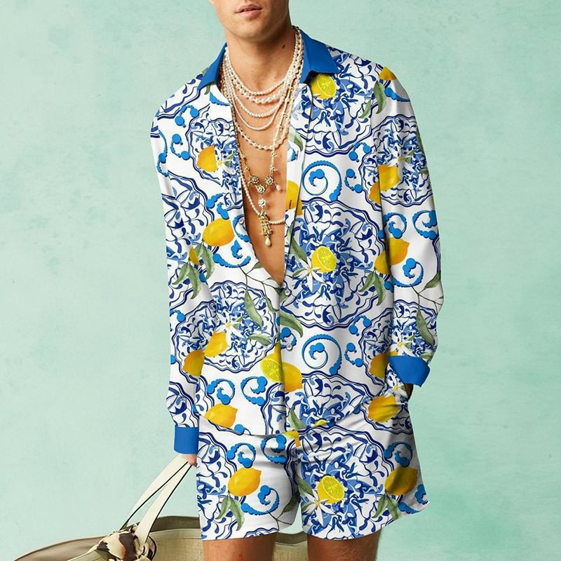 Men's Open V-Neck Floral/Baroque/African/Music Note 3D Printed Long Sleeve Shirt + Shorts 2-Piece Summer Set