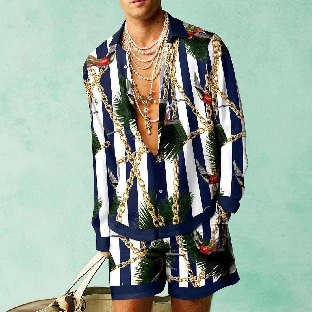 Men's Open V-Neck Floral/Baroque/African/Music Note 3D Printed Long Sleeve Shirt + Shorts 2-Piece Summer Set