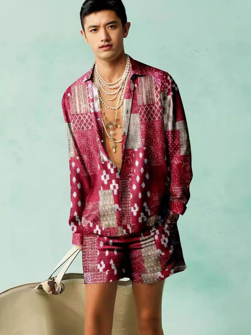 Men's Open V-Neck Floral/Baroque/African/Music Note 3D Printed Long Sleeve Shirt + Shorts 2-Piece Summer Set