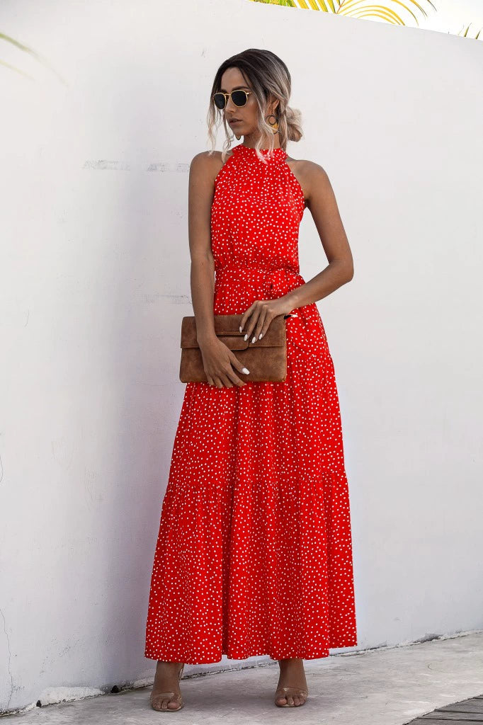 Floral/Polka Dot Halter Beach Maxi Dress