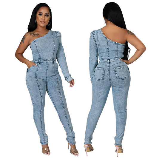 Washed Denim Asymmetrical Light Blue One Puff Sleeve Women's Jean Jumpsuit