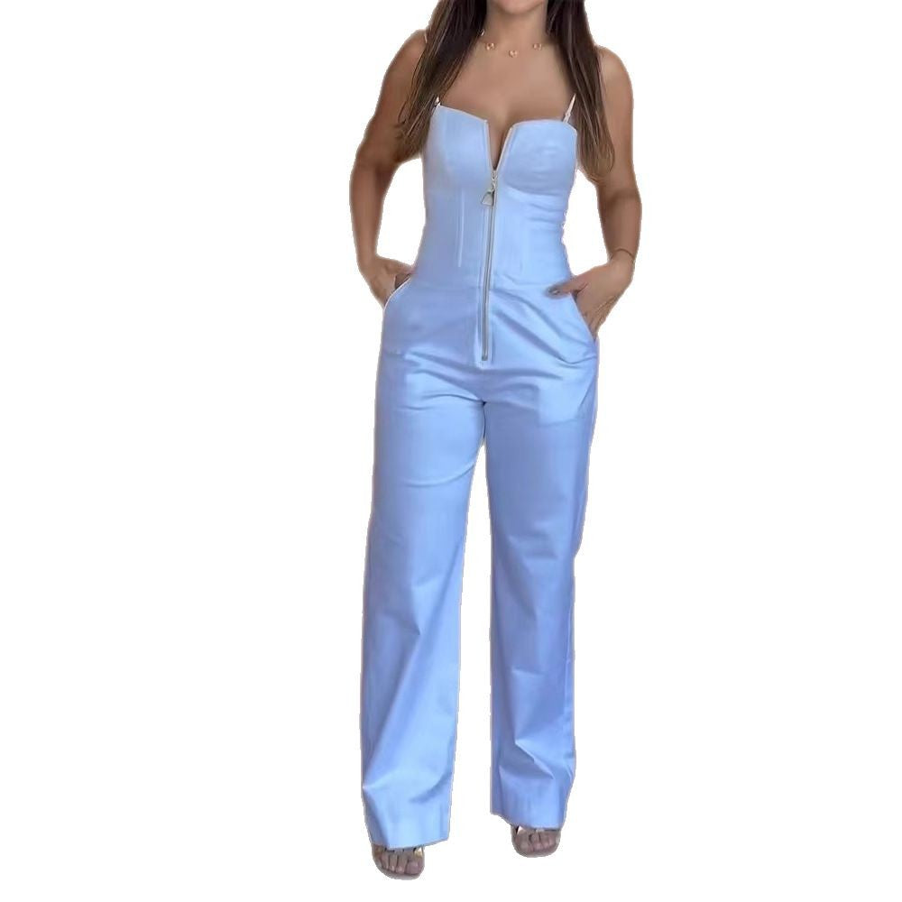 Sleeveless Solid Color Sling Pocketed Spaghetti Strap Women's Jumpsuit
