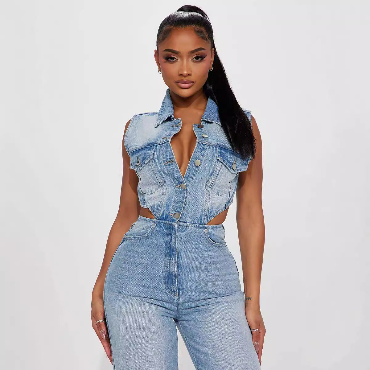 Denim Light Blue Gradient Washed Women's Hollow-Out Double Pocket Sleeveless Turn-Down Collar Overall Jean Jumpsuit