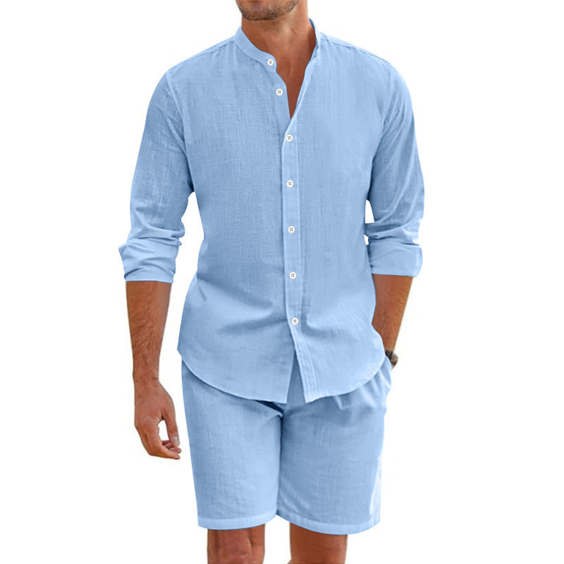 Men's O-Neck Button-Up Long Sleeve Top + Drawstring Shorts 2-Piece Set