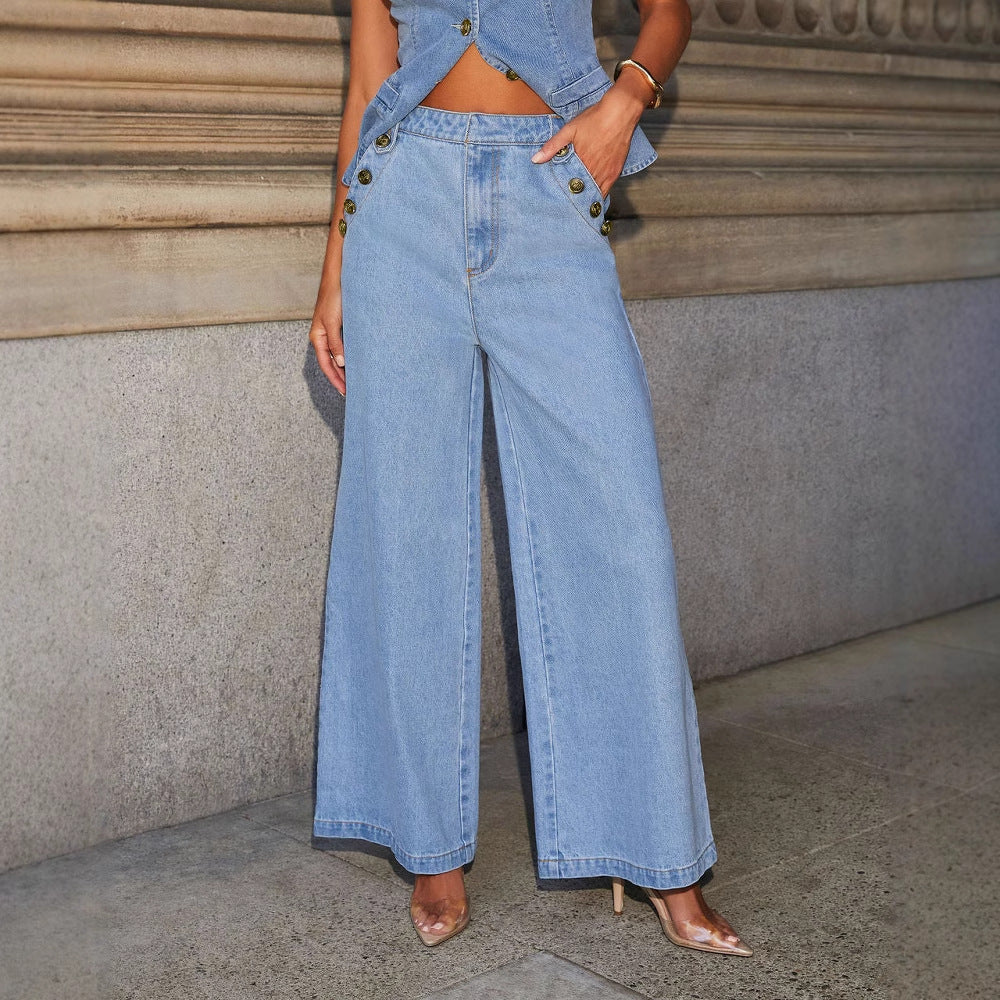 Denim Light Blue/Black Sleeveless Gold Button Detail Women's Jean Vest + Wide Leg Straight Jeans 2-Piece Set