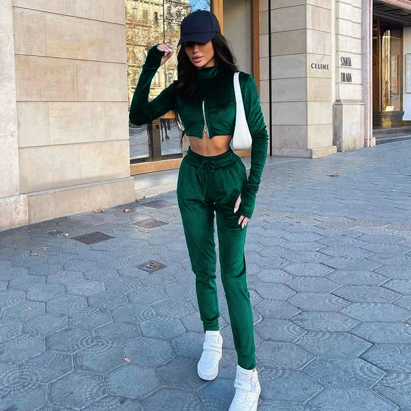 Reverse Zipper Women's Long Sleeve Crop Pullover Jacket + Drawstring Sweatpants Tracksuit