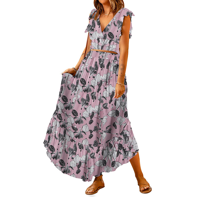 Lotus Leaf Print Crop V-Neck Top + Ruffled Hem Maxi Skirt Two-Piece Set