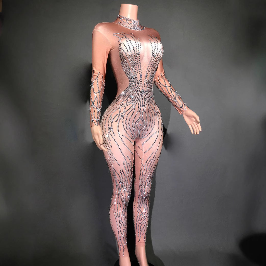 Silver Metallic Sparkling Rhinestone Transparent Skin Color Striped Long Sleeve Women's Skin Tight Formal Stage Performance Jumpsuit