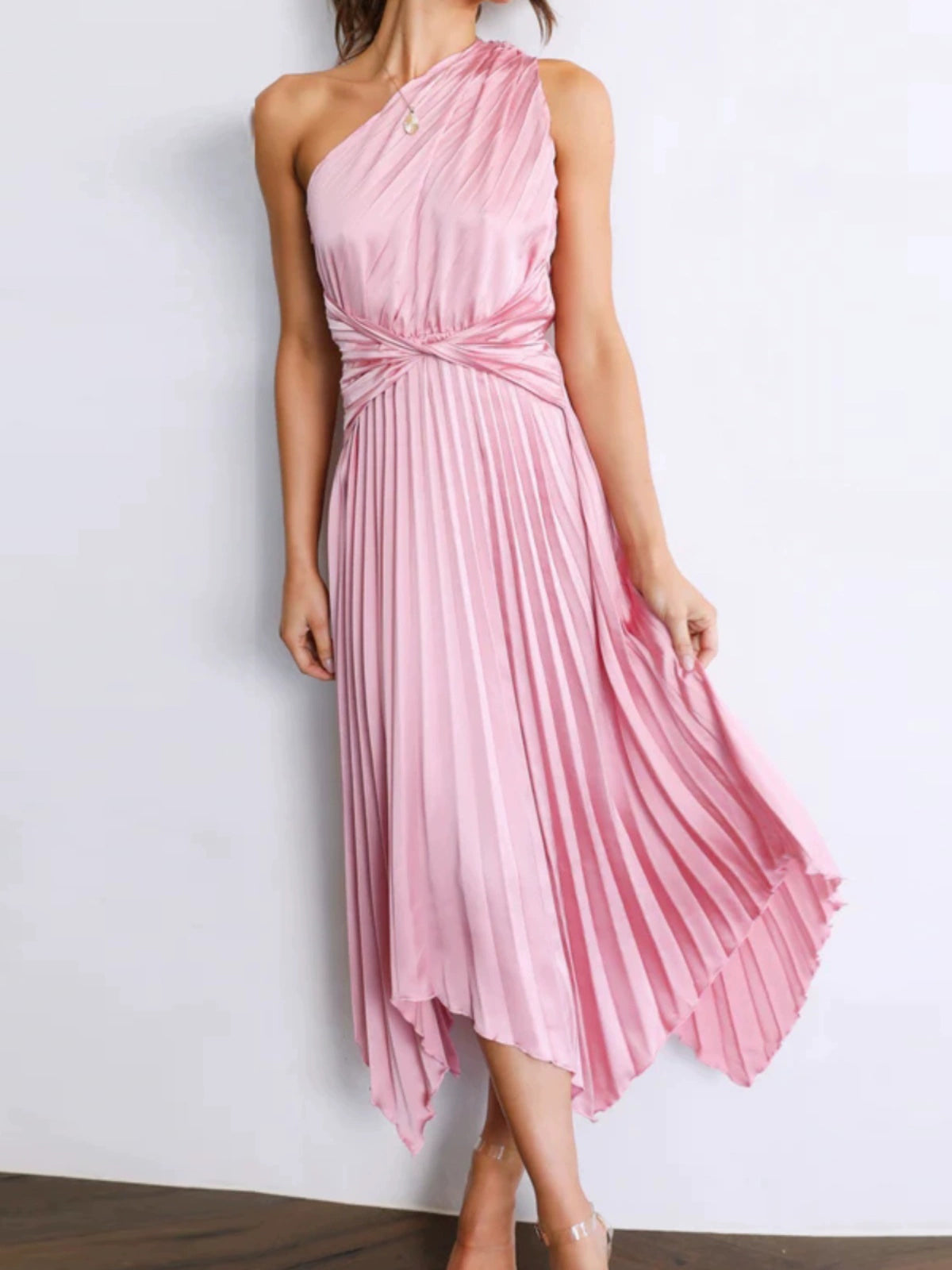 Satin Pleated Floral/Solid Asymmetrical One Shoulder Oblique Collar Maxi Dress w/ Sash Belt