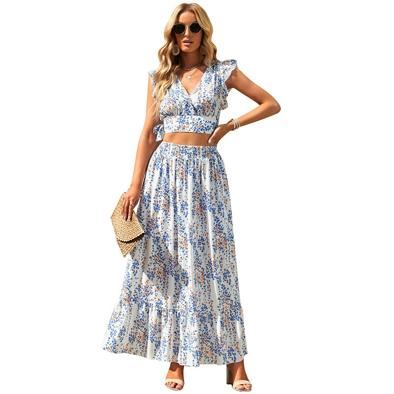 Lotus Leaf Print Crop V-Neck Top + Ruffled Hem Maxi Skirt Two-Piece Set