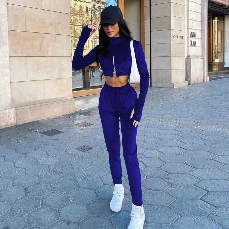 Reverse Zipper Women's Long Sleeve Crop Pullover Jacket + Drawstring Sweatpants Tracksuit