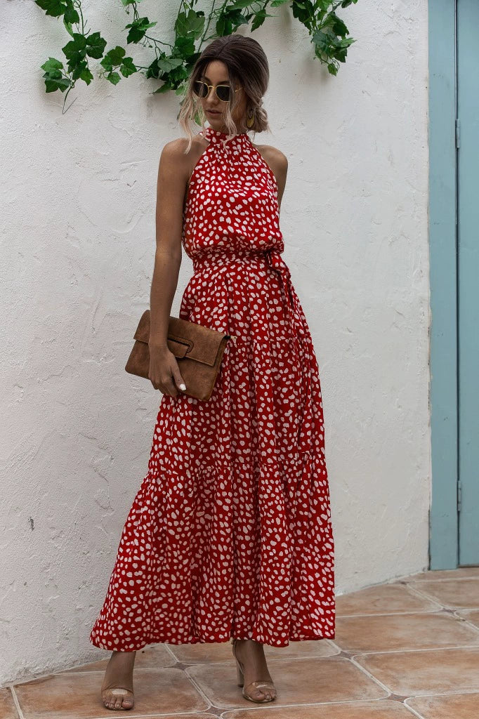 Floral/Polka Dot Halter Beach Maxi Dress