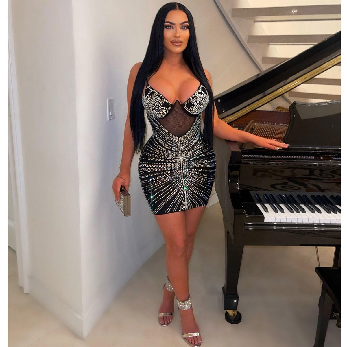 Sparkling Metallic Rhinestone Decor Sleeveless Hot Drill Mini Sling Formal Dress to 3X Plus Size