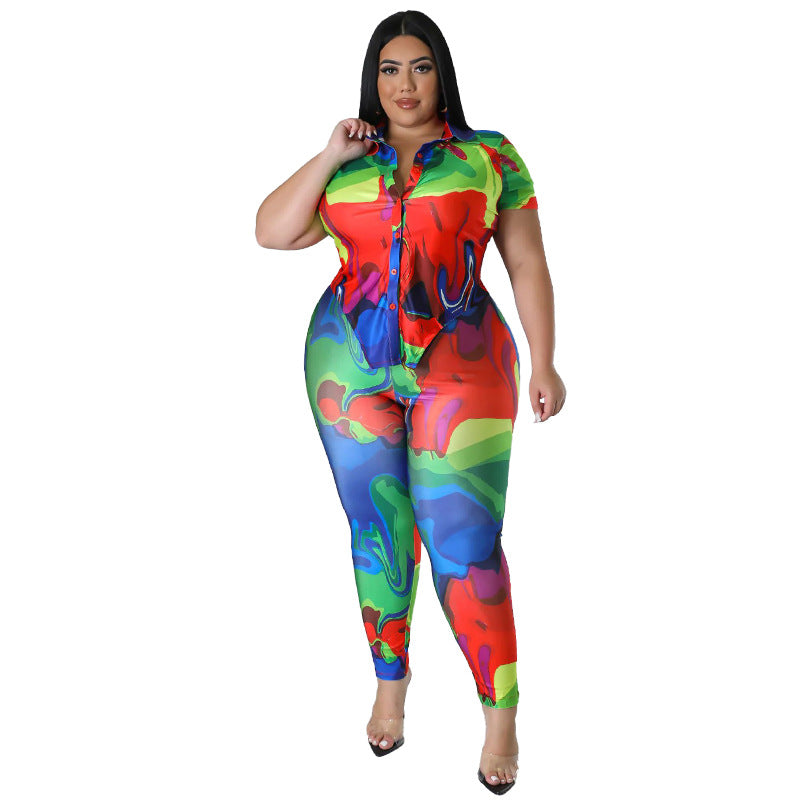 Tropical Tie-Dye Geometric Print Turn-Down Collar Short Sleeve Top + Skin Tight Leggings 2-Piece Set to 4X Plus Size