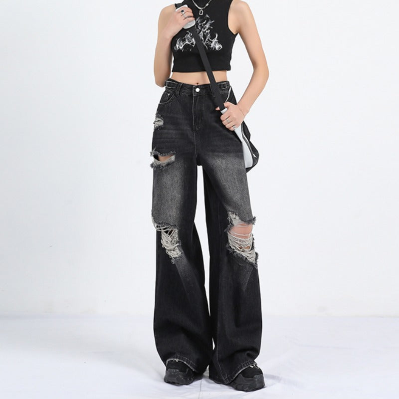 Black Washed Colorblock Ripped Fringe Design Straight Loose Women's Wide Leg Jeans