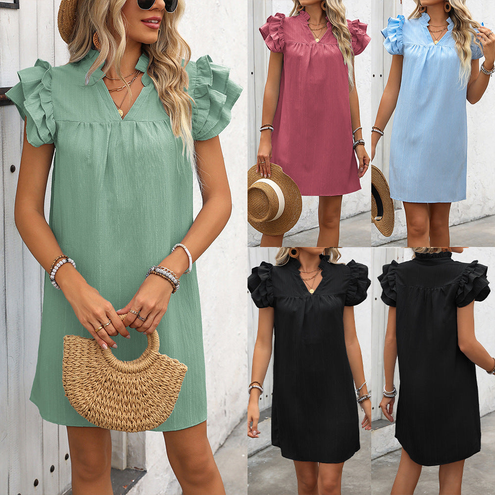 Ruffled Pleated Open V-Neck Short Sleeve Solid Color Mini Dress