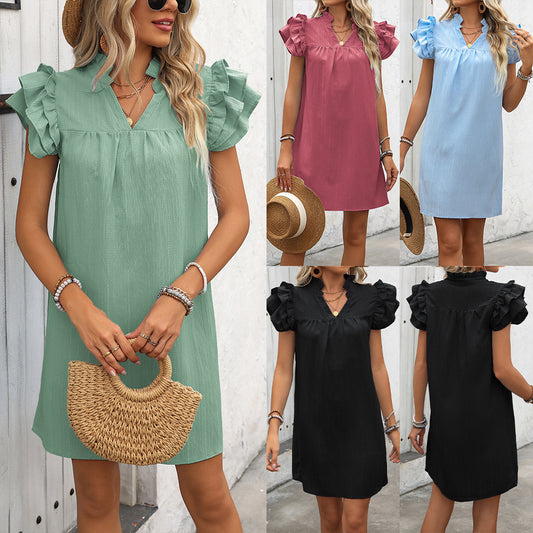 Ruffled Pleated Open V-Neck Short Sleeve Solid Color Mini Dress