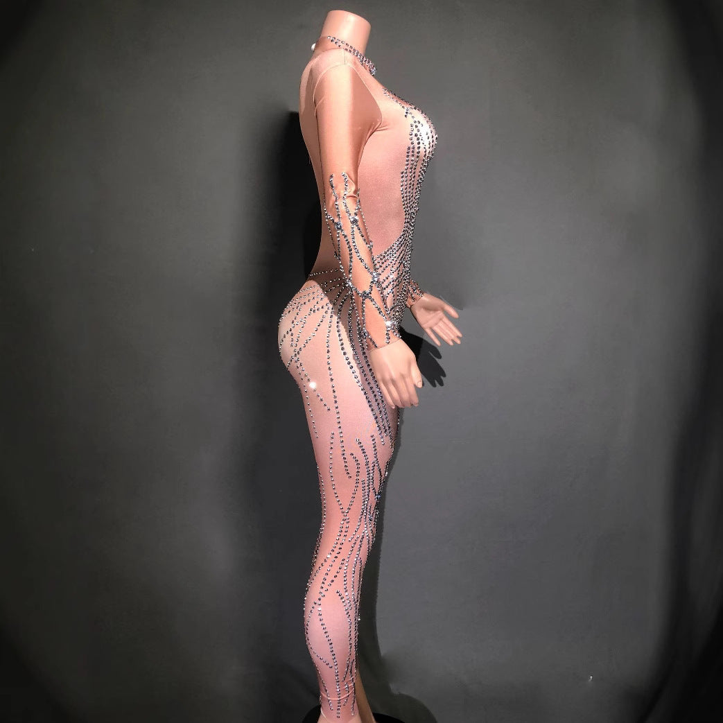 Silver Metallic Sparkling Rhinestone Transparent Skin Color Striped Long Sleeve Women's Skin Tight Formal Stage Performance Jumpsuit