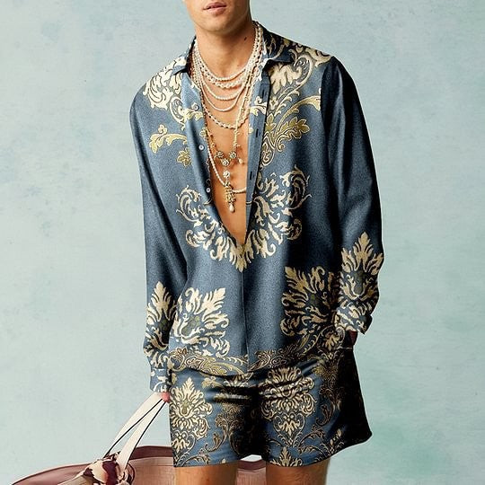 Men's Open V-Neck Floral/Baroque/African/Music Note 3D Printed Long Sleeve Shirt + Shorts 2-Piece Summer Set