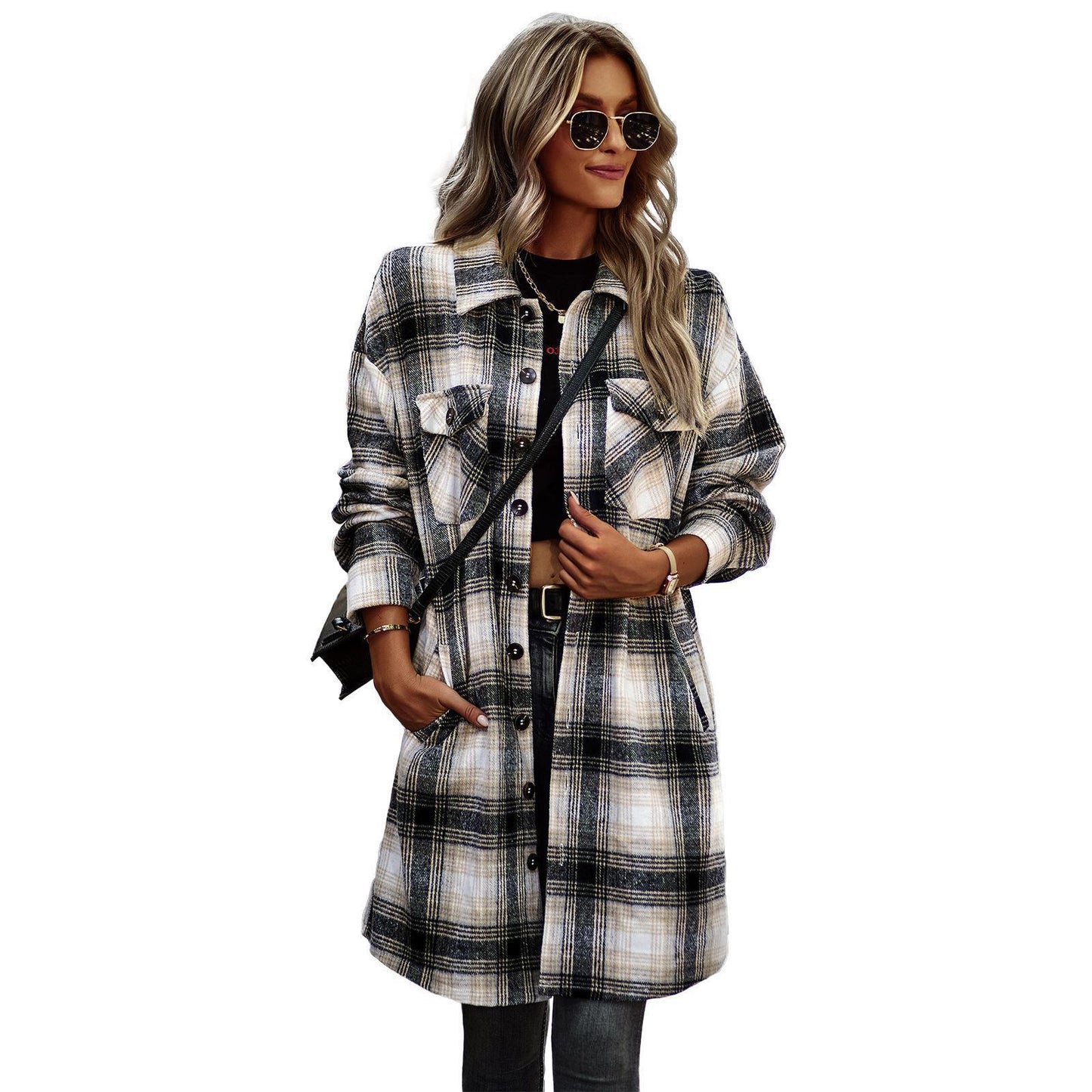 Plaid Print Turn-Down Collar Long Sleeve Women's Shacket