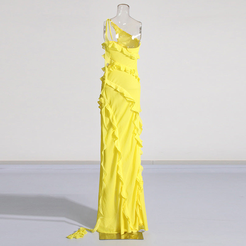 Yellow Asymmetrical One Shoulder Layered Ruffled Sleeveless Patchwork Slit Formal Maxi Dress