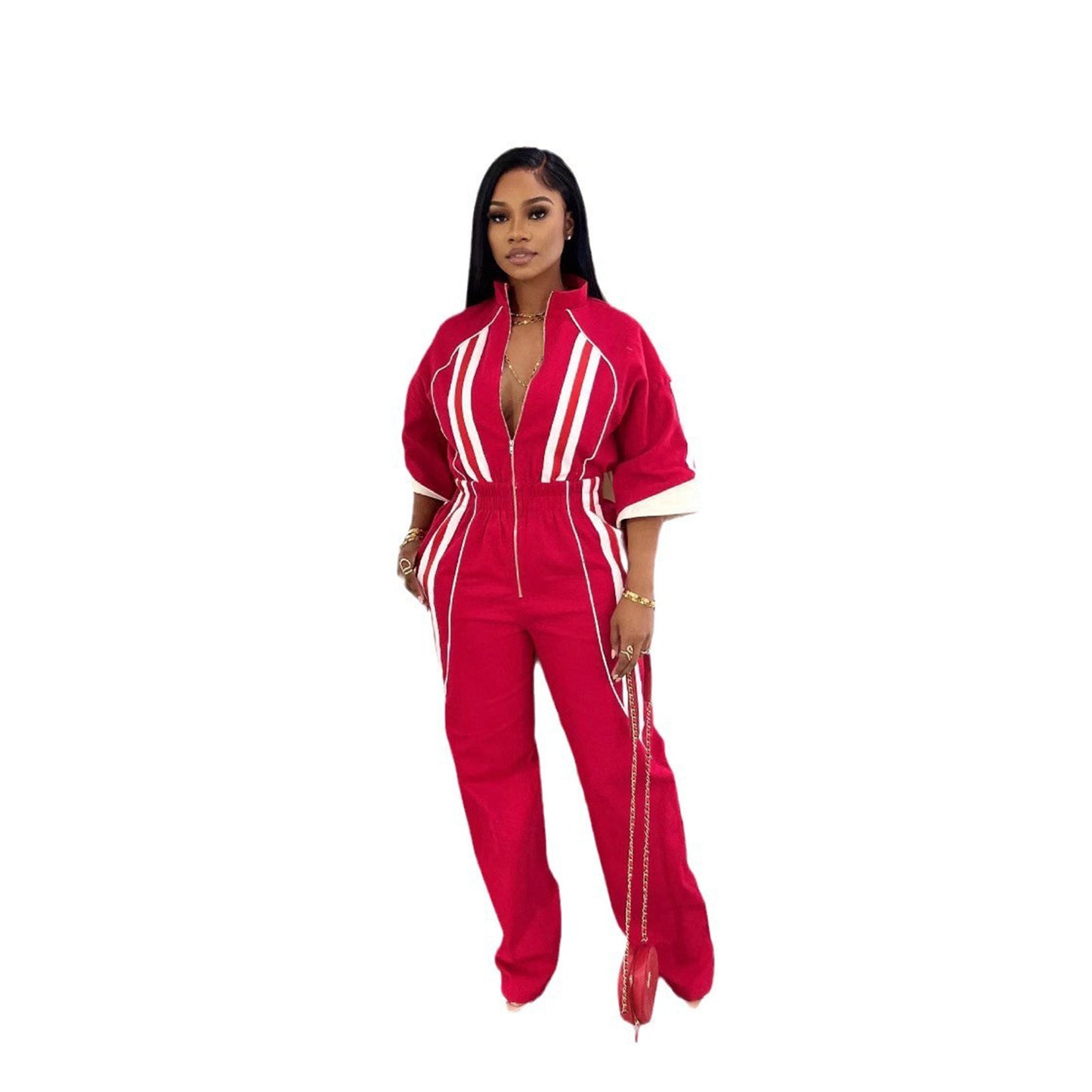 Deep V-Neck Plunge Striped Short Sleeve Zipper Jumpsuit