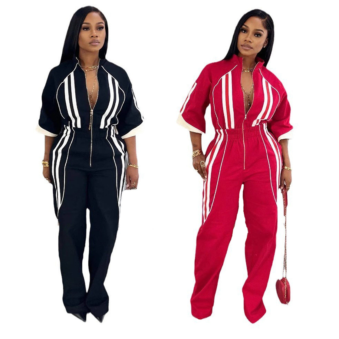 Deep V-Neck Plunge Striped Short Sleeve Zipper Jumpsuit