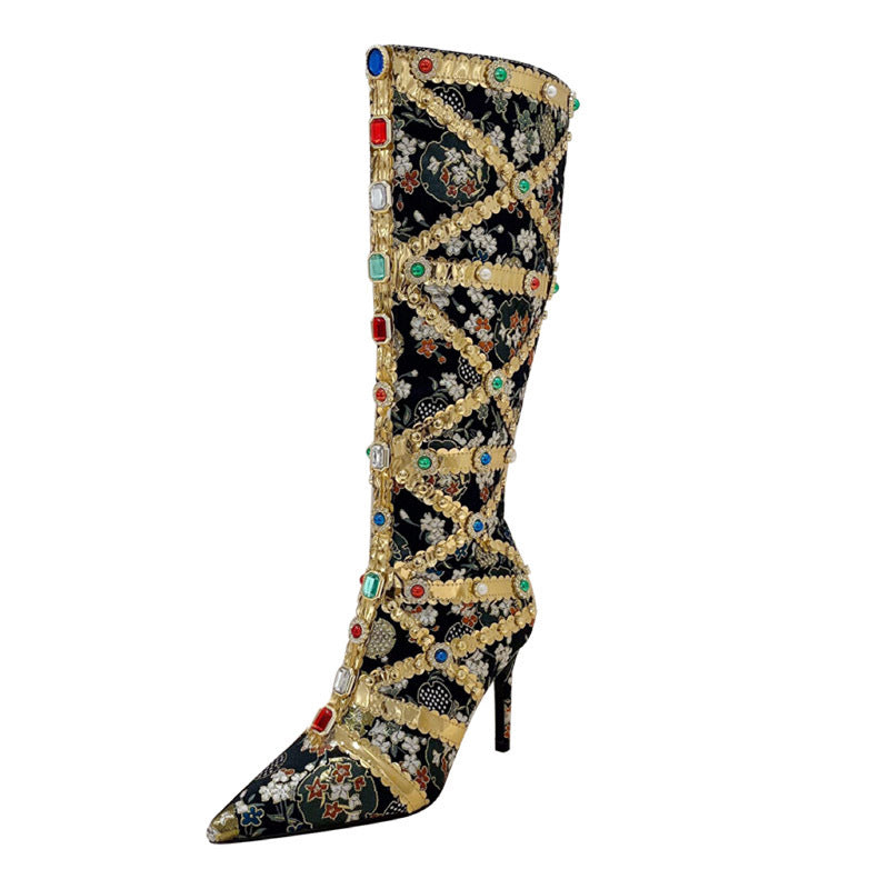 Rhinestone Baroque Metallic Floral Gold/Black Gladiator Stiletto Heel Knee-High Women's Boots