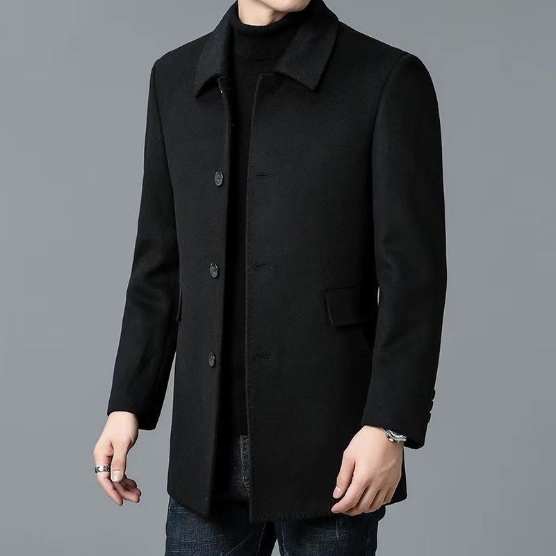 Men's Turn-Down Collar Mid-Length Double-Sided Lapel Wool Pea Coat