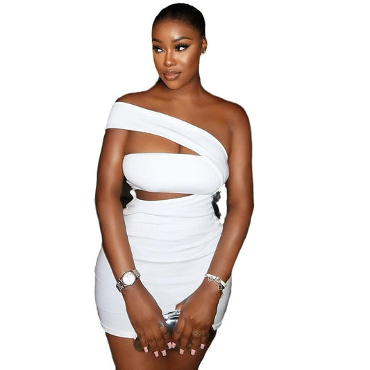 Asymmetrical One Shoulder Solid Color Diagonal Collar Cold Shoulder Sleeveless Mini Dress