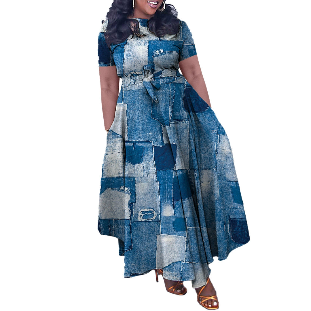 Camoflauge/Newspaper/Faux Denim Colorblock/Floral/Baroque/Geometric/Polka Dot Print Short Sleeve Maxi Office Dress to 3X Plus Size