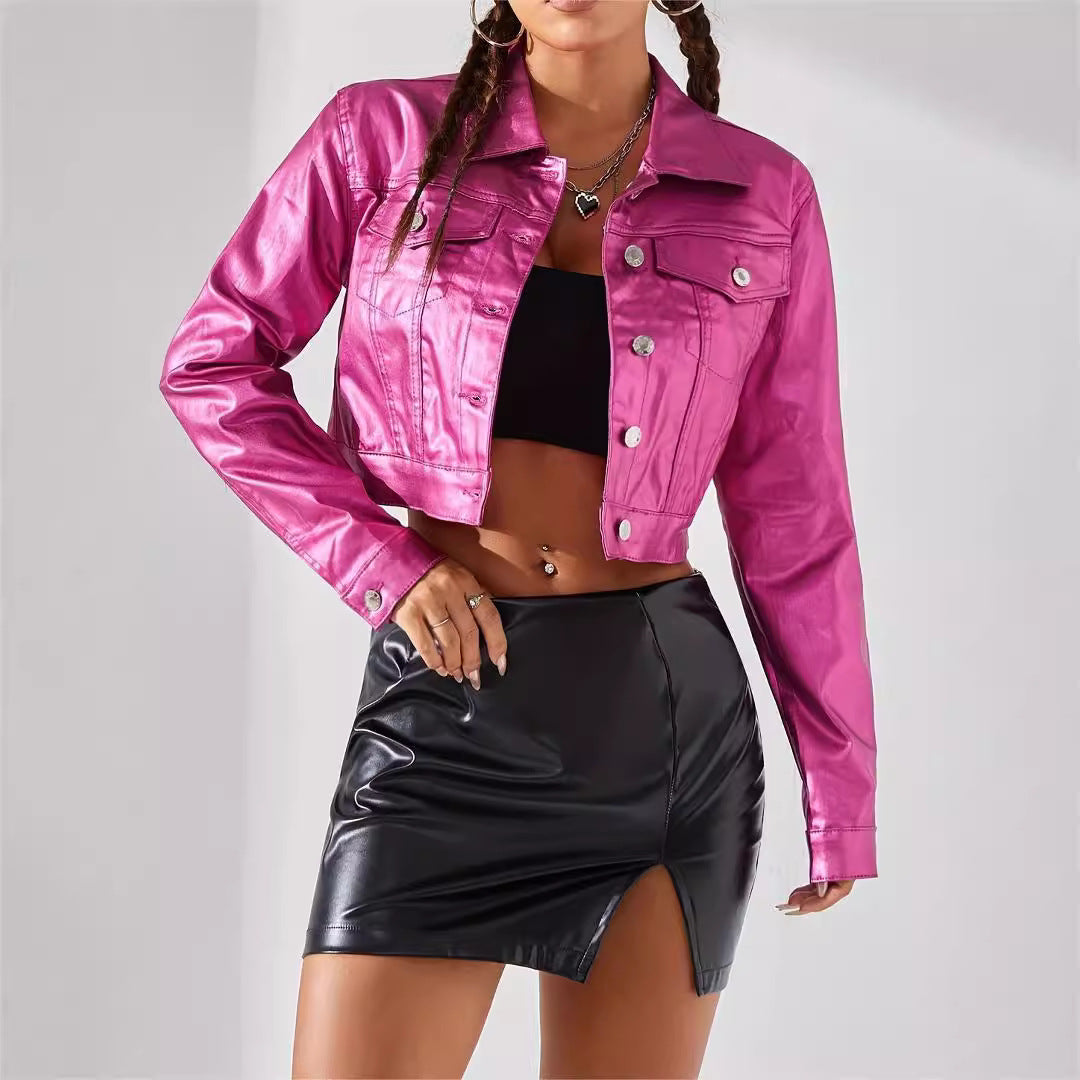 Metallic Colored Women's Streetwear Coated Jean Jacket