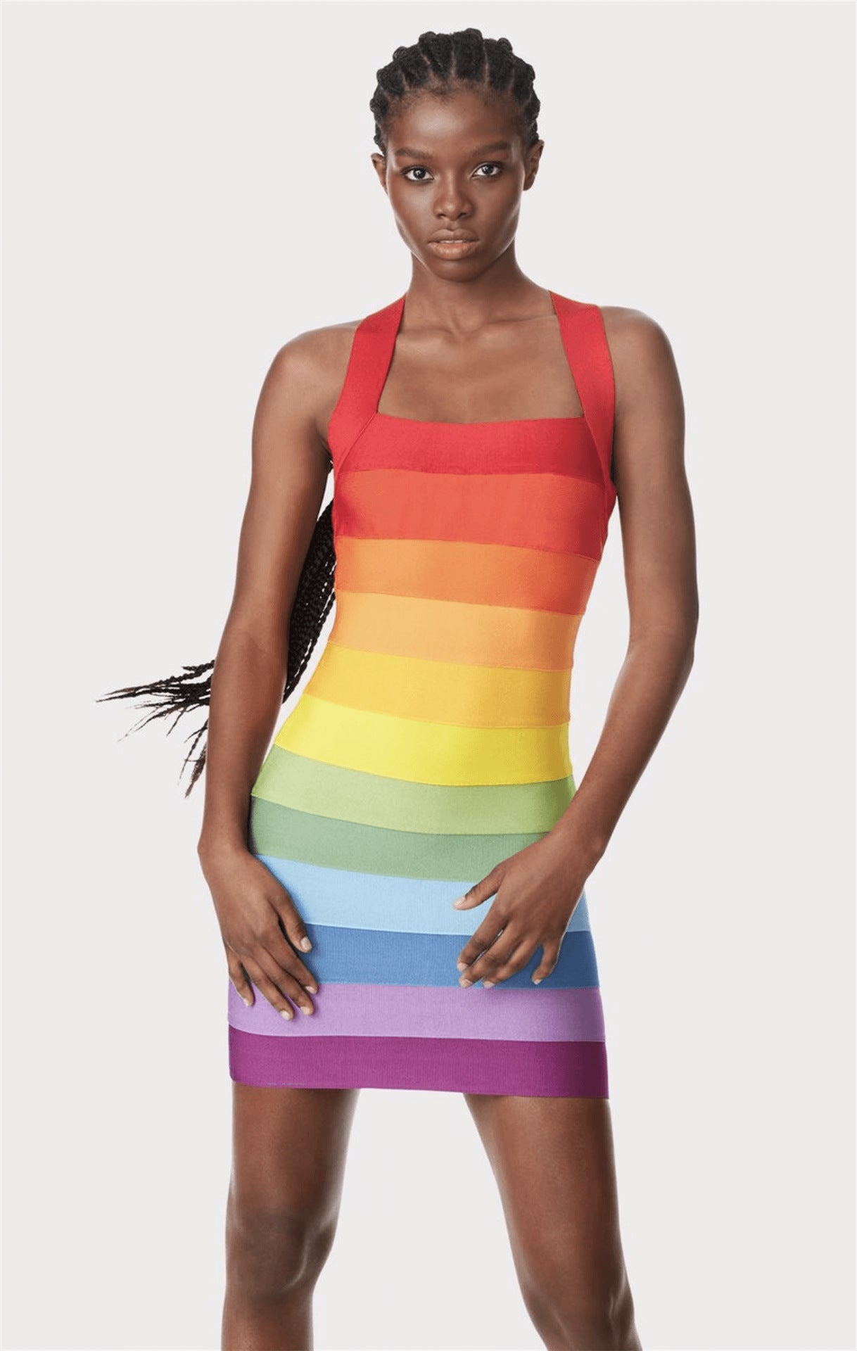 Rainbow Striped Colorblock Halter Strap Mini Criss-Cross Back Skinny Dress